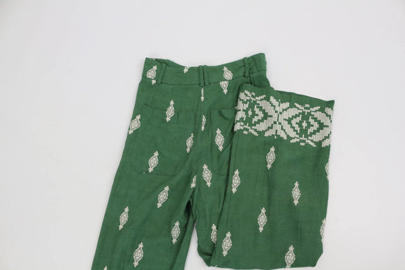 Vintage Zara Green Linen Wide-Leg Pants – White Embroidery | Size XS