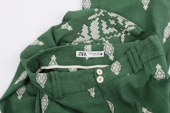 Vintage Zara Green Linen Wide-Leg Pants – White Embroidery | Size XS