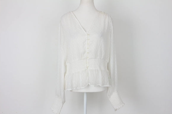White Long-Sleeve Button-Down Blouse – M