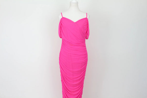 Hot Pink Ruched Spaghetti Strap Midi Dress – L