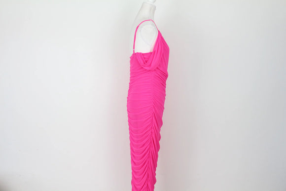 Hot Pink Ruched Spaghetti Strap Midi Dress – L
