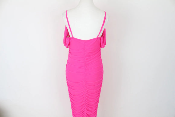 Hot Pink Ruched Spaghetti Strap Midi Dress – L