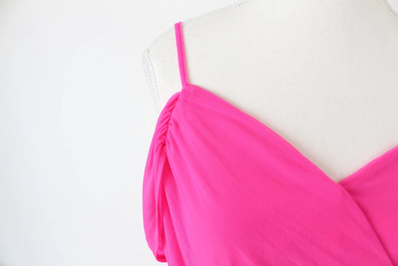Hot Pink Ruched Spaghetti Strap Midi Dress – L