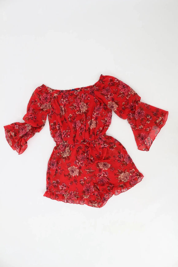 Red Floral Off-the-Shoulder Jumpsuit – S