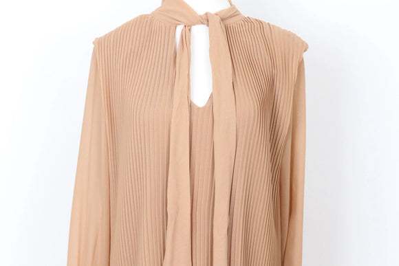 YDE Elegant Tan Pleated Chiffon Long-Sleeve Dress – Flowing & Versatile | Size M | Brand New