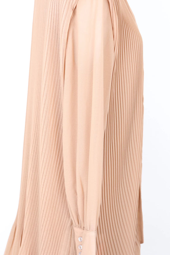YDE Elegant Tan Pleated Chiffon Long-Sleeve Dress – Flowing & Versatile | Size M | Brand New