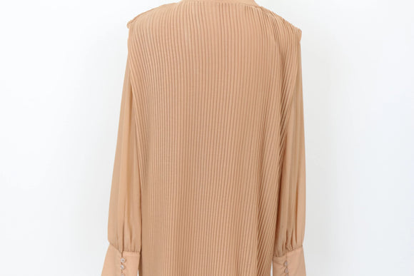 YDE Elegant Tan Pleated Chiffon Long-Sleeve Dress – Flowing & Versatile | Size M | Brand New