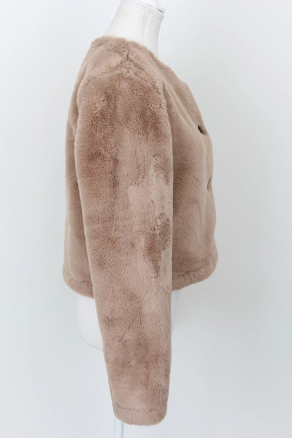 YDE Luxe Brown Faux Fur Cropped Button-Down Jacket – Statement Outerwear | Size M | Brand New