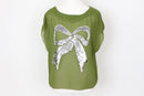 Vintage Olive Green Chiffon Blouse – Silver Bow Accent | Lightweight & Breathable | Size S-2