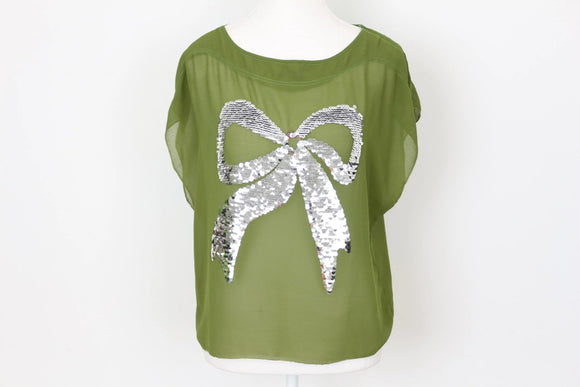 Vintage Olive Green Chiffon Blouse – Silver Bow Accent | Lightweight & Breathable | Size S