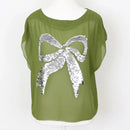 Vintage Olive Green Chiffon Blouse – Silver Bow Accent | Lightweight & Breathable | Size S-1