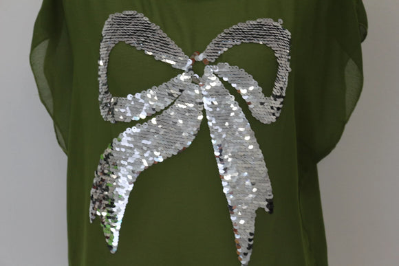 Vintage Olive Green Chiffon Blouse – Silver Bow Accent | Lightweight & Breathable | Size S