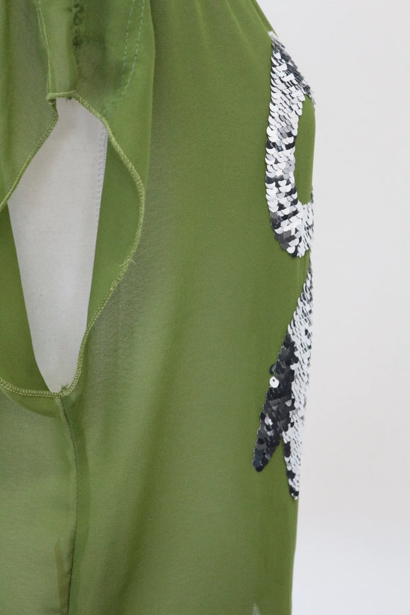 Vintage Olive Green Chiffon Blouse – Silver Bow Accent | Lightweight & Breathable | Size S