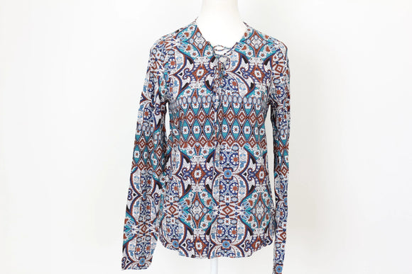 Woolies Vintage Bohemian Print Long Sleeve Blouse – Relaxed Effortless Style | Size 10 | Pre-Loved