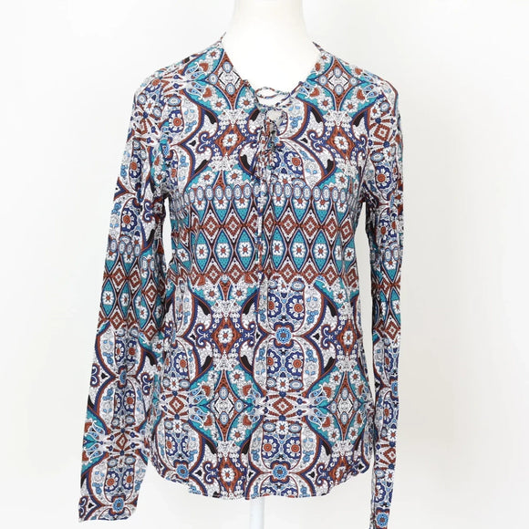 Woolies Vintage Bohemian Print Long Sleeve Blouse – Relaxed Effortless Style | Size 10 | Pre-Loved