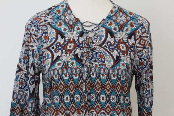 Woolies Vintage Bohemian Print Long Sleeve Blouse – Relaxed Effortless Style | Size 10 | Pre-Loved