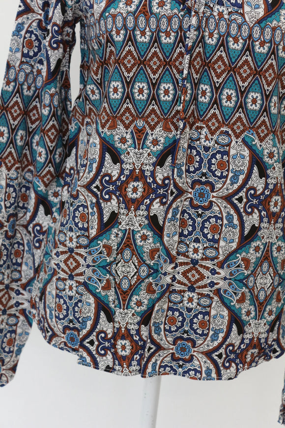 Woolies Vintage Bohemian Print Long Sleeve Blouse – Relaxed Effortless Style | Size 10 | Pre-Loved