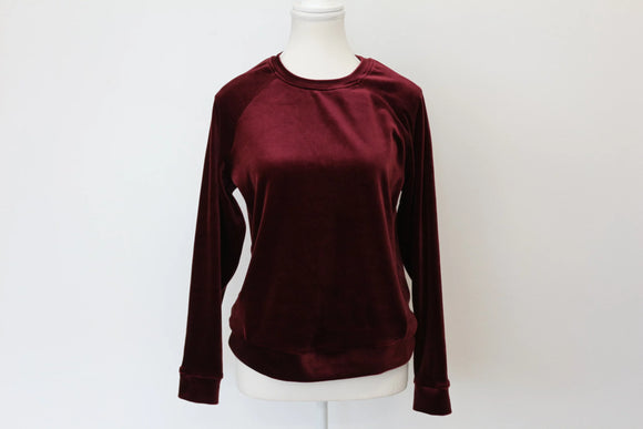 Woolies Luxe Maroon Velvet Sweater – Rich Jewel-Tone Knit | Size S | Pre-Loved