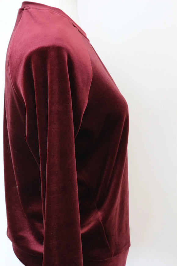 Woolies Luxe Maroon Velvet Sweater – Rich Jewel-Tone Knit | Size S | Pre-Loved