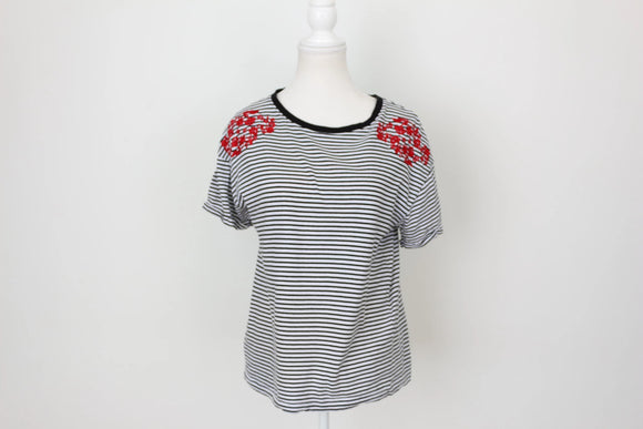 Woolies Classic Black & White Stripe T-Shirt – Charming Red Embroidery Detail | Size S | Pre-Loved