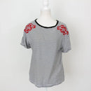 Woolies Classic Black & White Stripe T-Shirt – Charming Red Embroidery Detail | Size S | Pre-Loved-1
