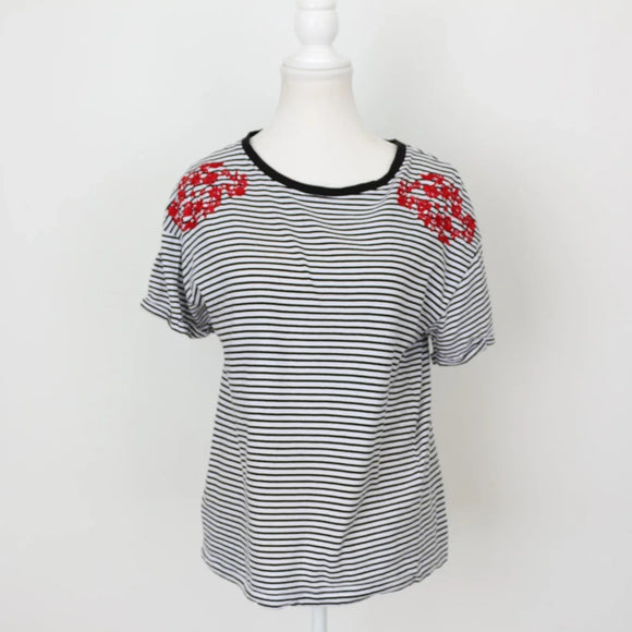 Woolies Classic Black & White Stripe T-Shirt – Charming Red Embroidery Detail | Size S | Pre-Loved