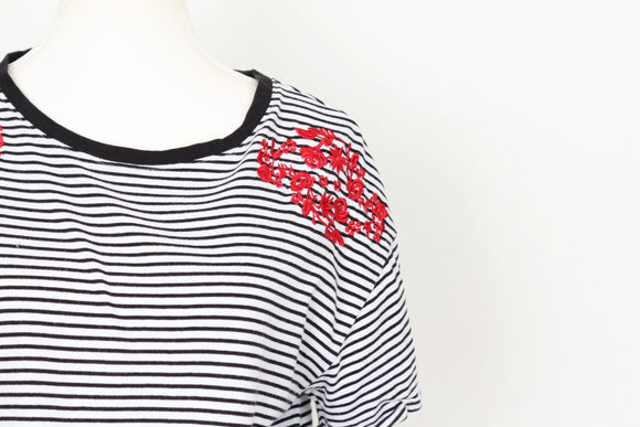 Woolies Classic Black & White Stripe T-Shirt – Charming Red Embroidery Detail | Size S | Pre-Loved