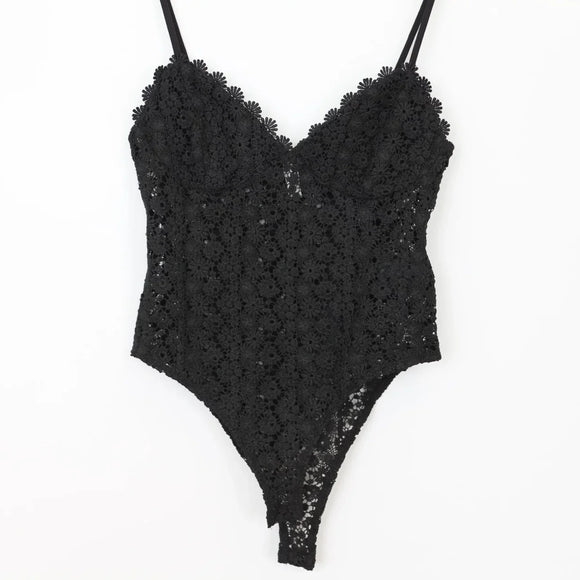 Vintage Black Crochet Bodysuit – Bold Statement Layering Piece | Size M | Pre-Loved