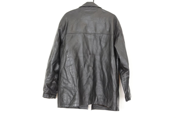 Timeless Vintage Black Genuine Leather Jacket – Unisex Classic Statement Outerwear | Size M | Pre-Loved