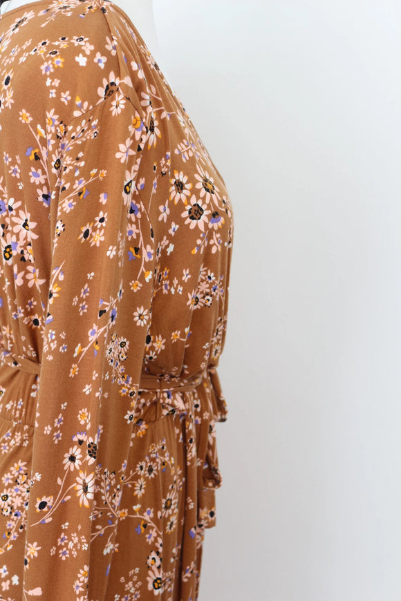 Woolies Classic Brown Floral Wrap Dress – Delicate Timeless Versatile Style | Size M | Pre-Loved