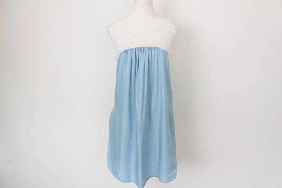 Forever New Vintage Denim Dress – Delicate Crochet Detail & Textured Charm | Size 10 | Pre-Loved