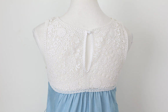 Forever New Vintage Denim Dress – Delicate Crochet Detail & Textured Charm | Size 10 | Pre-Loved