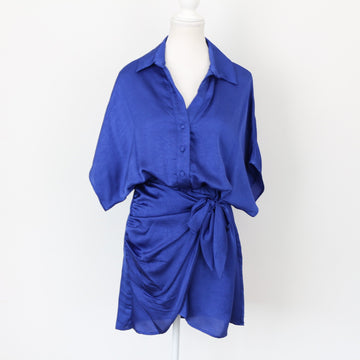 YDE Electric Blue Button-Up Mini Dress with Tie | Size M