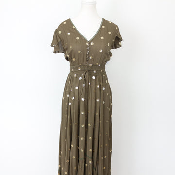 YDE Olive Green Bohemian Maxi Dress with Gold Accents (S)