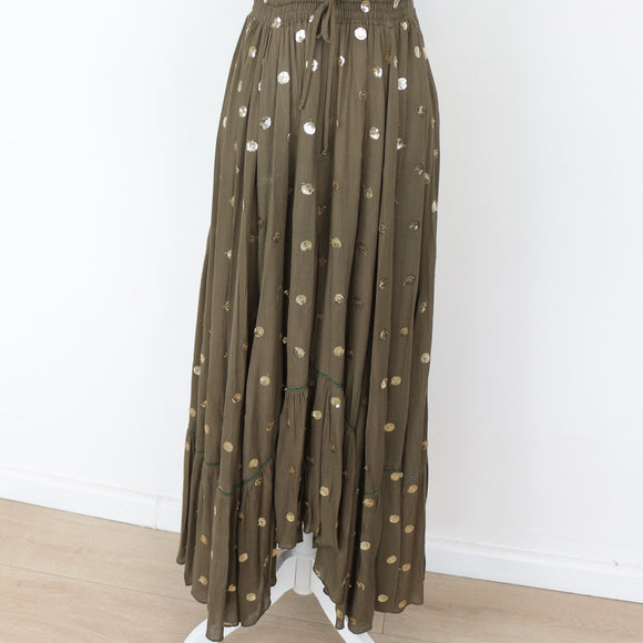 YDE Olive Green Bohemian Maxi Dress with Gold Accents (S)