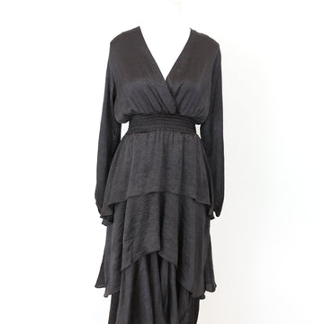 YDE Black Crushed Satin Long Sleeve Trapeze Dress (M)