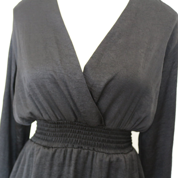YDE Black Crushed Satin Long Sleeve Trapeze Dress (M)