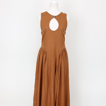 YDE Tan Linen Basque-Waist Maxi Dress with Accent Neckline (M)
