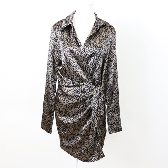 Foschini Dark Cheetah-Print Satin Wrap Dress, Size S