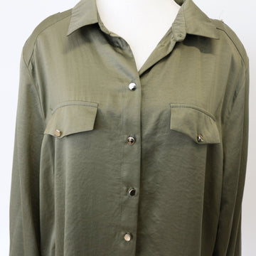 Foschini Olive Green Long-Sleeve Satin Shirt, Size L - 0