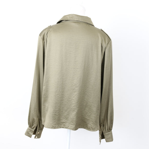 Foschini Olive Green Long-Sleeve Satin Shirt, Size L