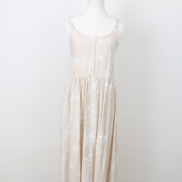Linen-Feel Embroidered Midi Dress, Size M