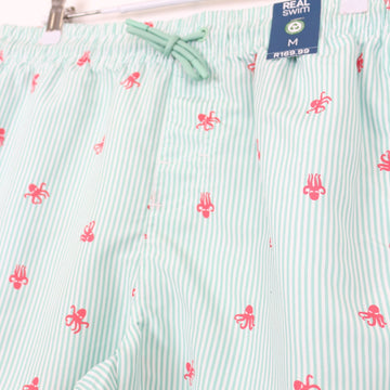 Cream and Green Striped Swim Shorts, Size M - 0