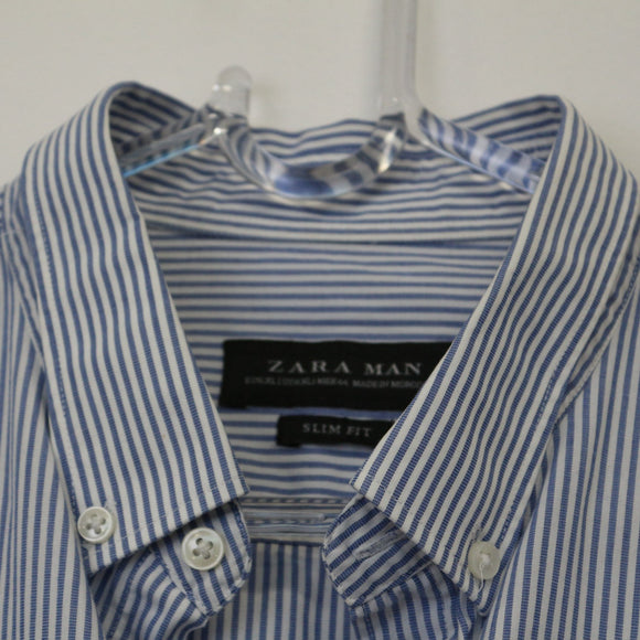 Zara Man Blue & White Striped Long-Sleeve Shirt – Slim Fit Cotton Button-Up | Size XL | Pre-Loved