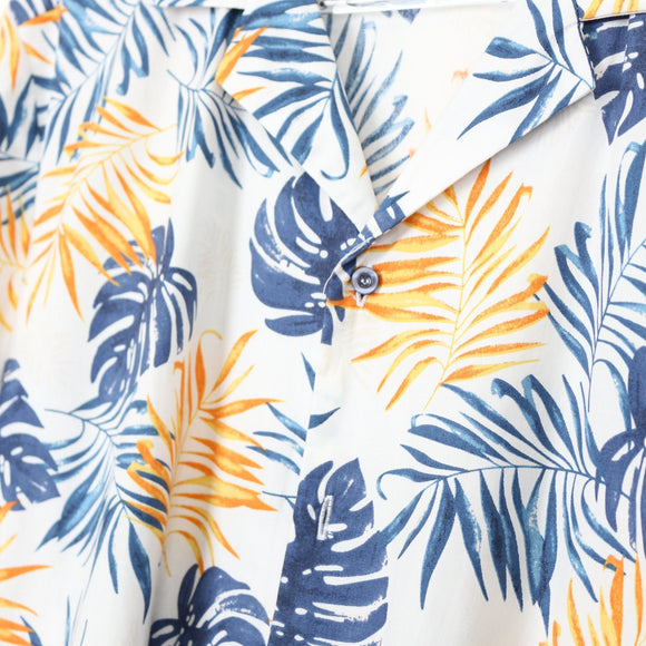 Blue Barrel Palm Leaf Print Short-Sleeve Shirt – Tropical Casual Button-Up | Size XL | Pre-Loved