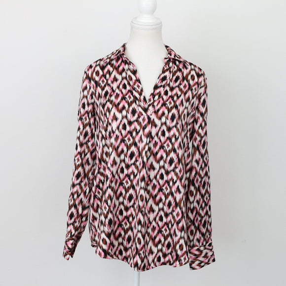 Satin Patterned Long-Sleeve Blouse – Silky Smart Casual Top | Size 32 | Pre-Loved