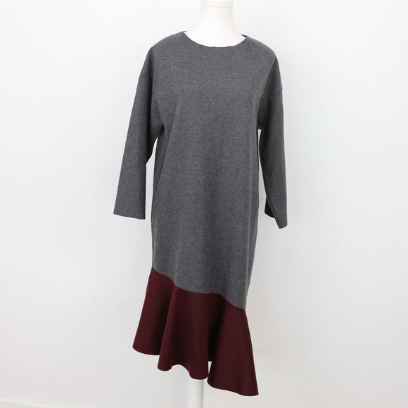 Grey & Maroon Winter Dress – Cosy Long-Sleeve Day Dress | Size L | Pre-Loved