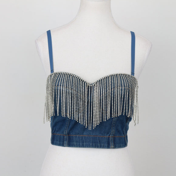 Cropped Denim Bralette with Rhinestone Detail – Sleeveless Festival Top | Size S | Pre-Loved