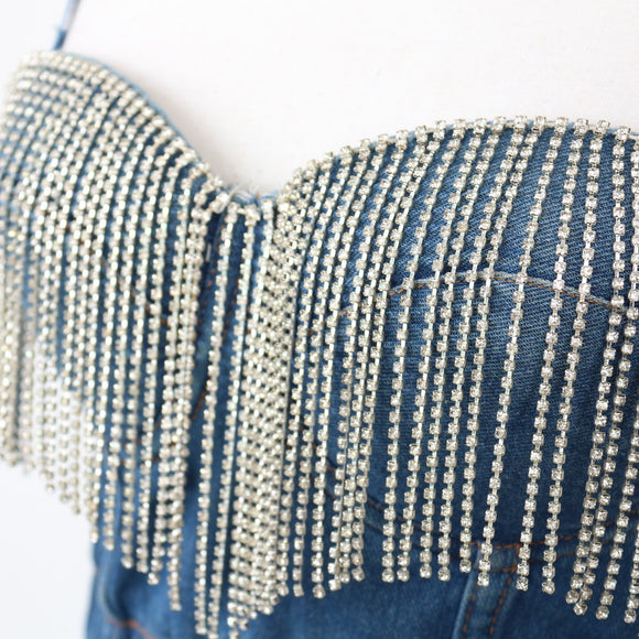 Cropped Denim Bralette with Rhinestone Detail – Sleeveless Festival Top | Size S | Pre-Loved