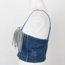 Cropped Denim Bralette with Rhinestone Detail – Sleeveless Festival Top | Size S | Pre-Loved-3